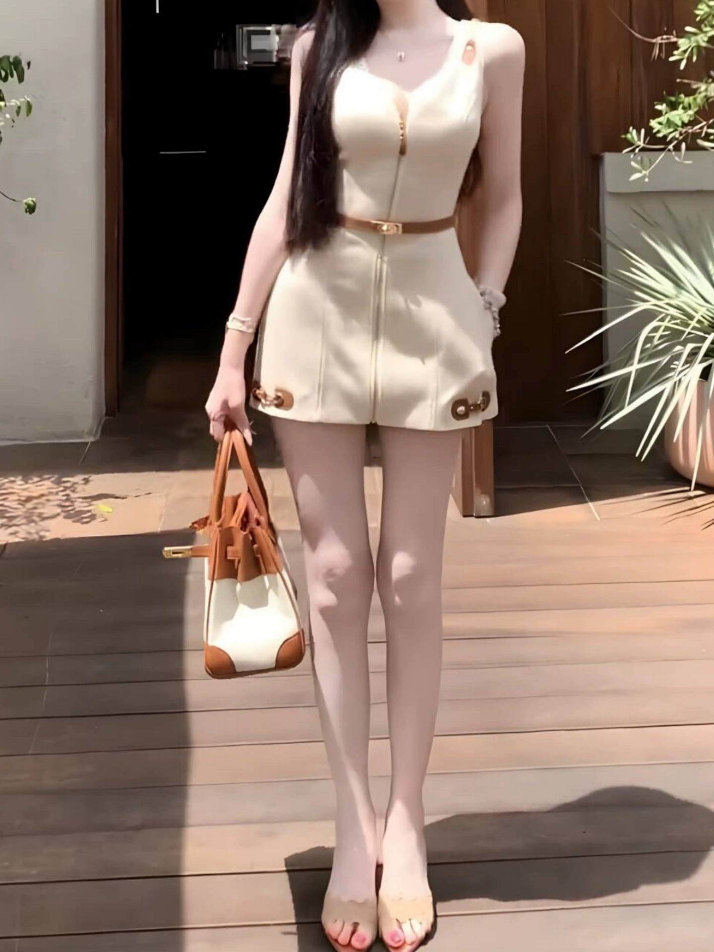 Cream Gold Zip Dress