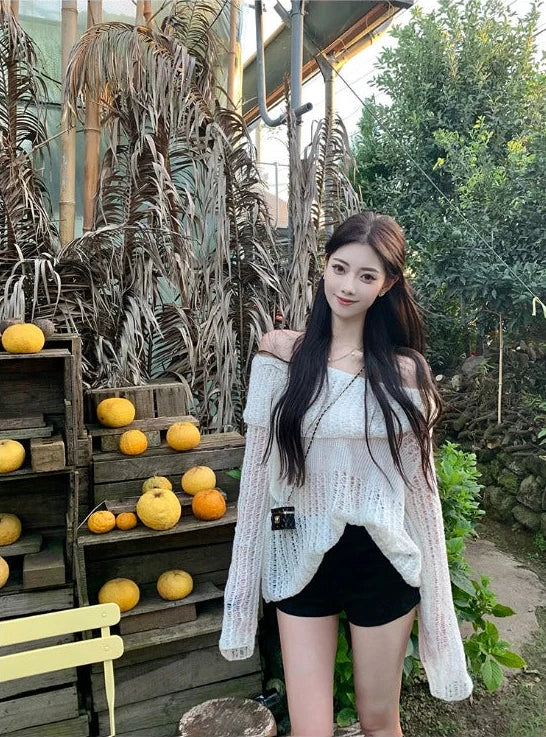 White openwork one-shoulder sweater women's spring and autumn Korean version loose wear slouchy style long-sleeved pullover sweater top