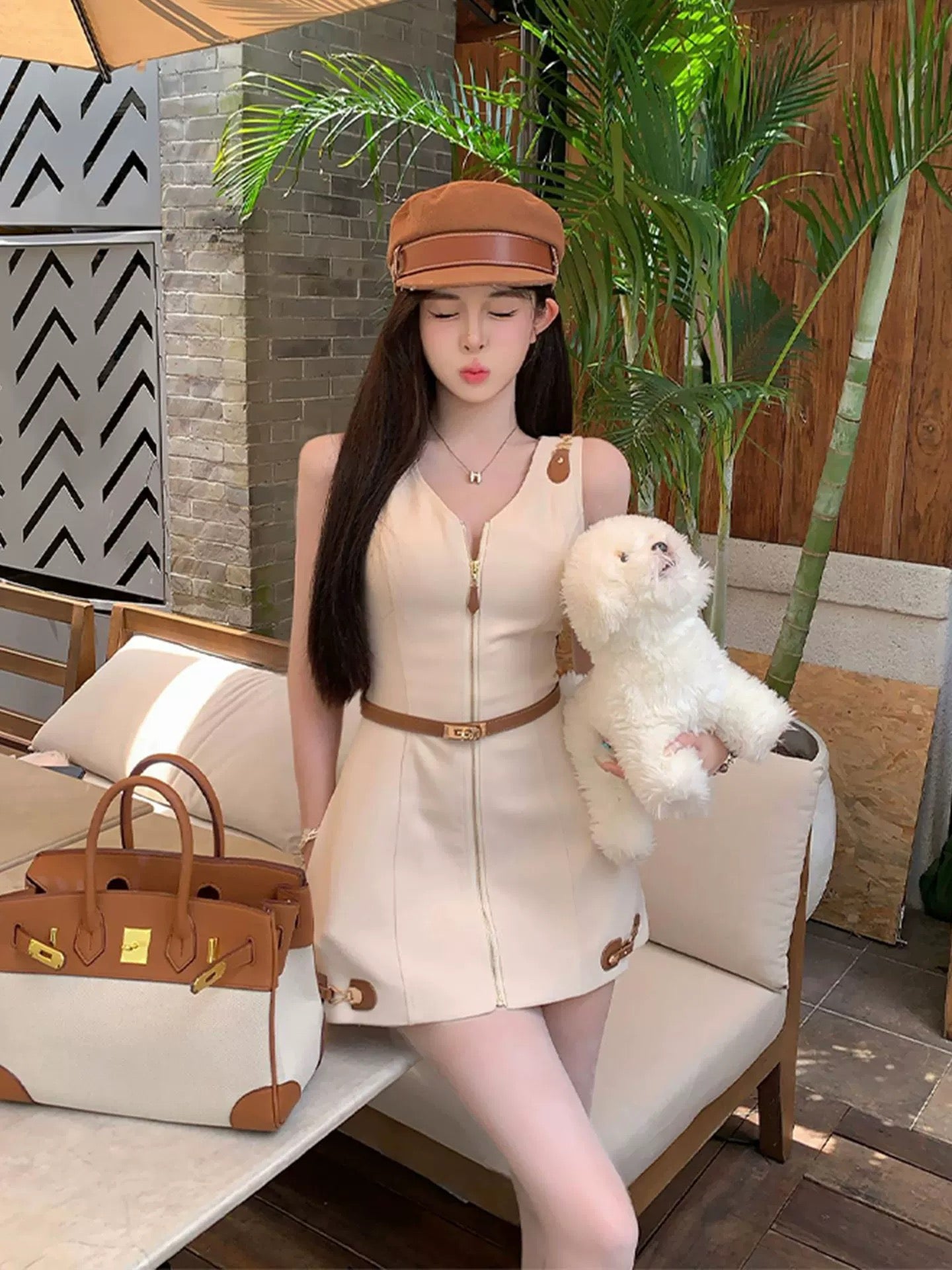 Cream Gold Zip Dress