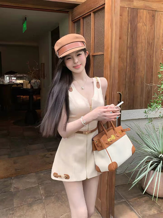 Cream Gold Zip Dress