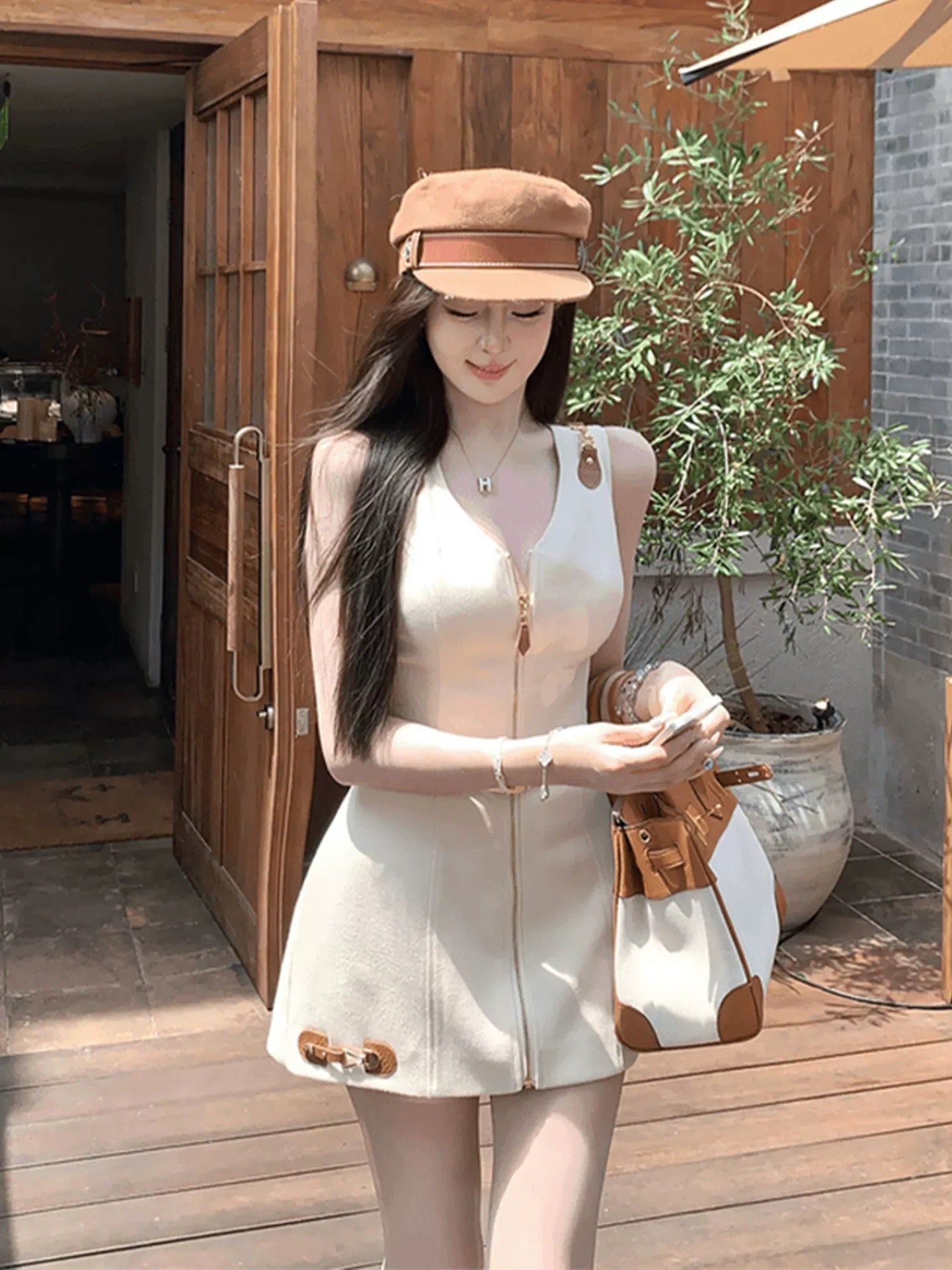 Cream Gold Zip Dress