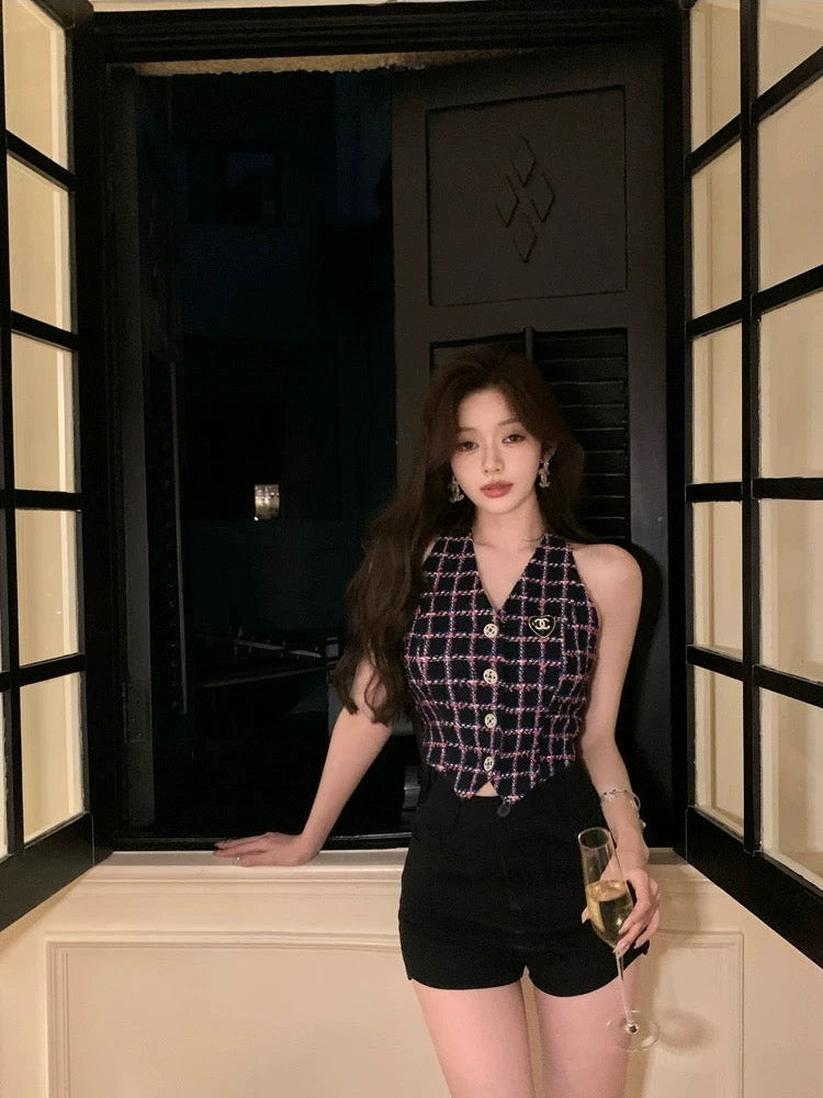 Rosé Grid Tweed Vest