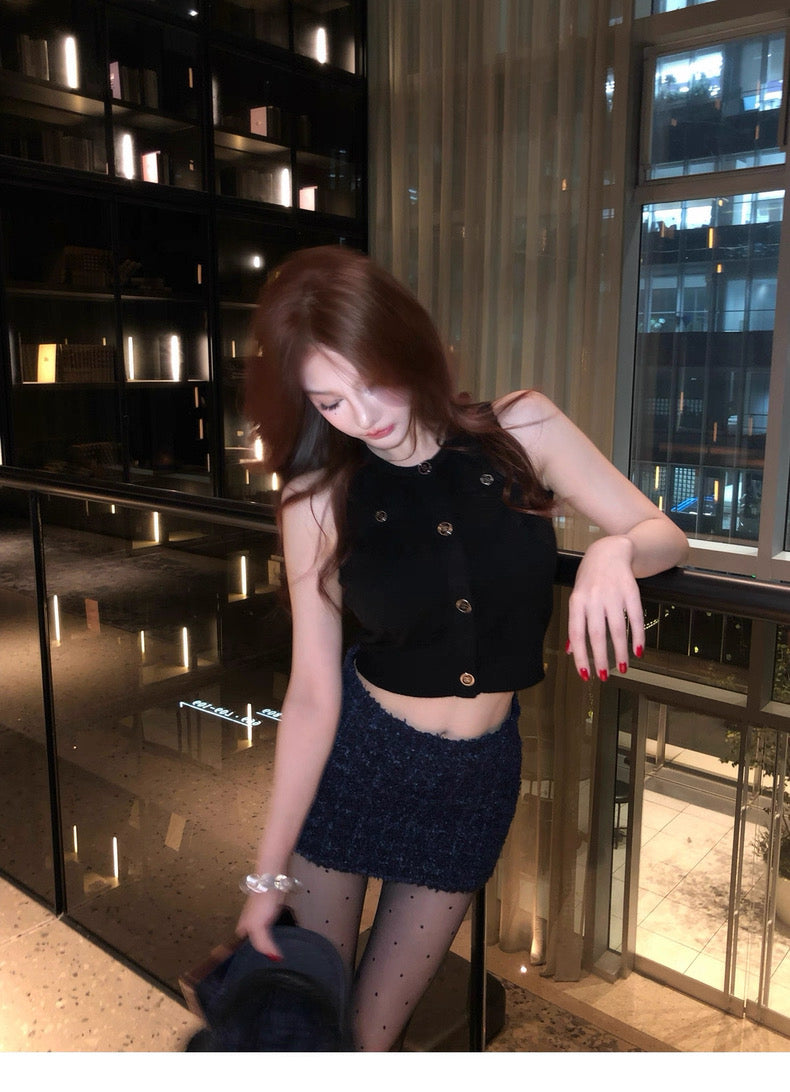 Black Button Curve Tank