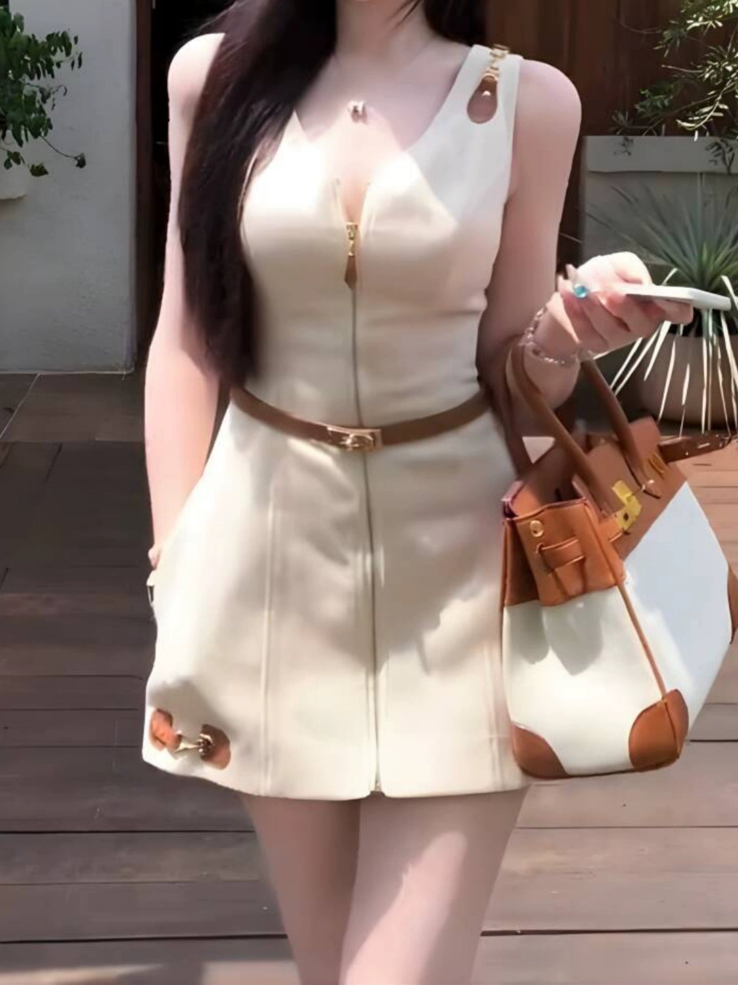 Cream Gold Zip Dress