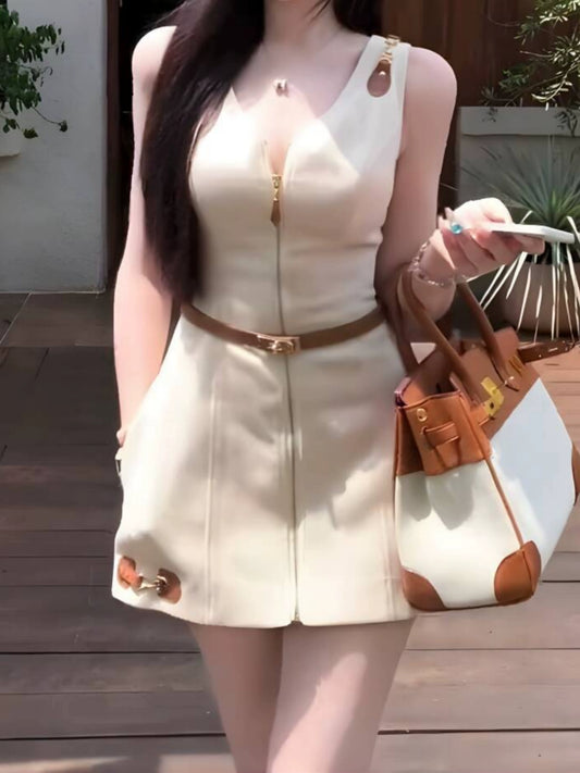 Cream Gold Zip Dress