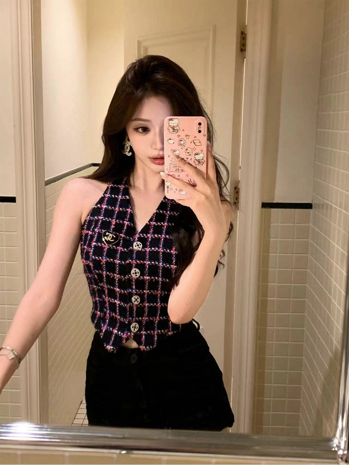 Rosé Grid Tweed Vest