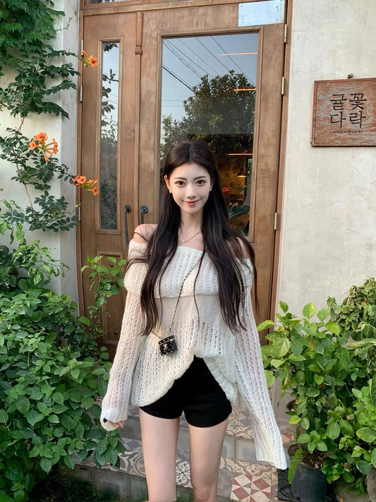 White openwork one-shoulder sweater women's spring and autumn Korean version loose wear slouchy style long-sleeved pullover sweater top