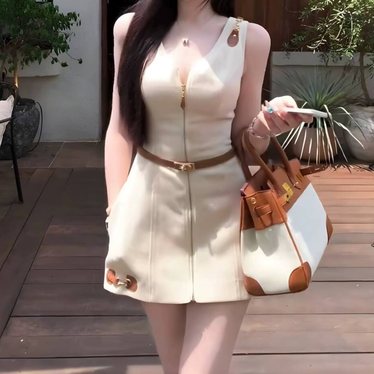 Cream Gold Zip Dress