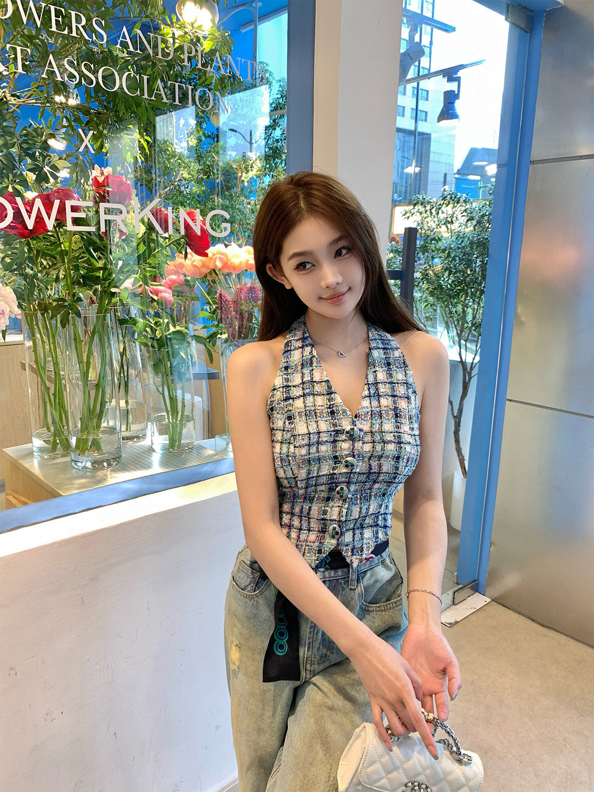 Rosé Grid Tweed Vest