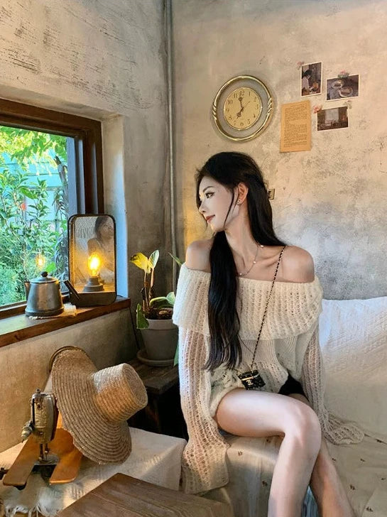 White openwork one-shoulder sweater women's spring and autumn Korean version loose wear slouchy style long-sleeved pullover sweater top