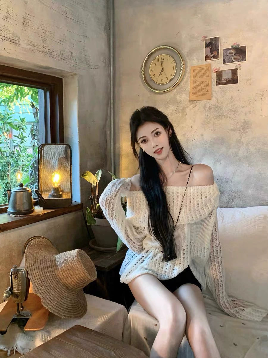 White openwork one-shoulder sweater women's spring and autumn Korean version loose wear slouchy style long-sleeved pullover sweater top