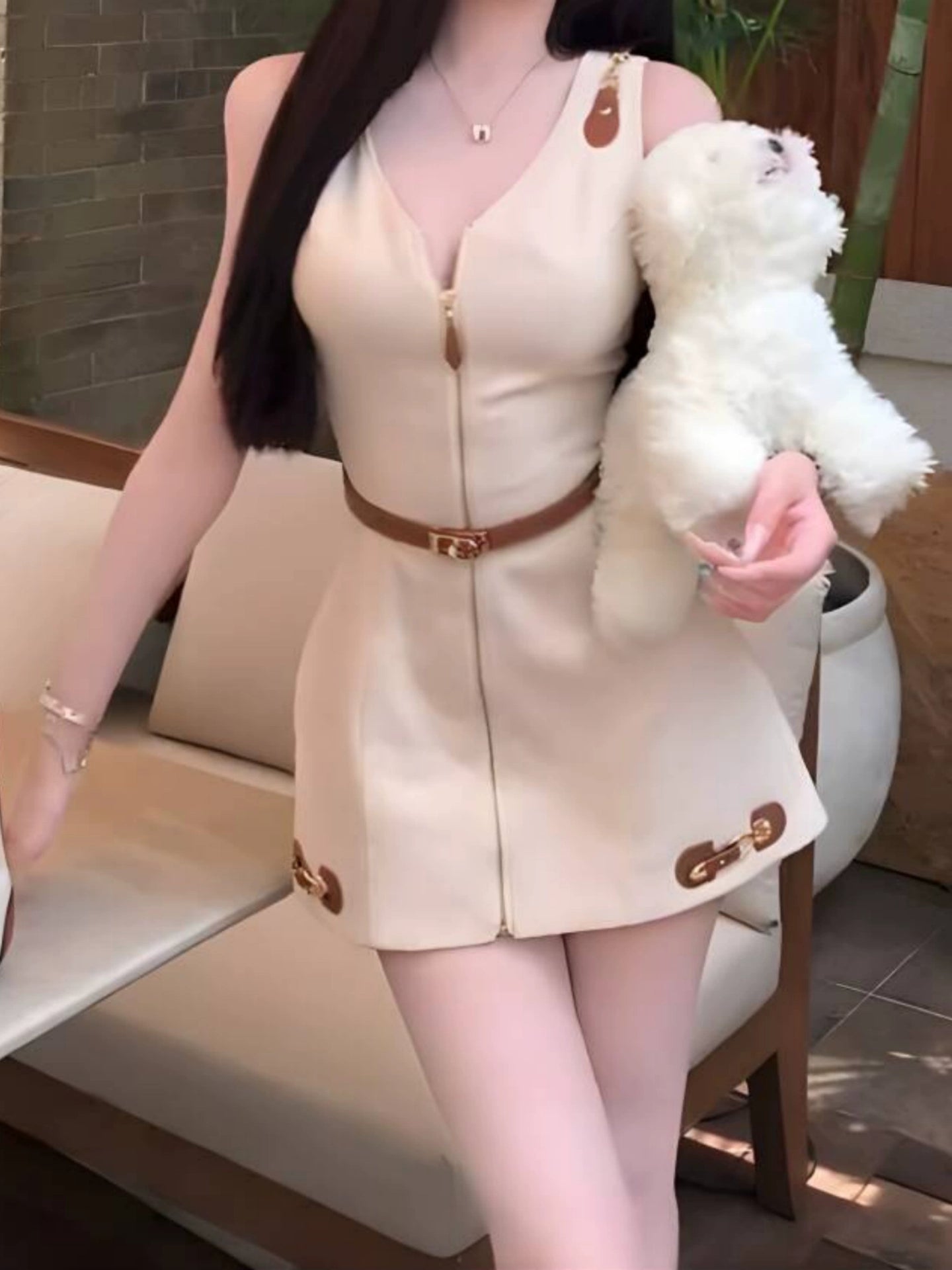 Cream Gold Zip Dress