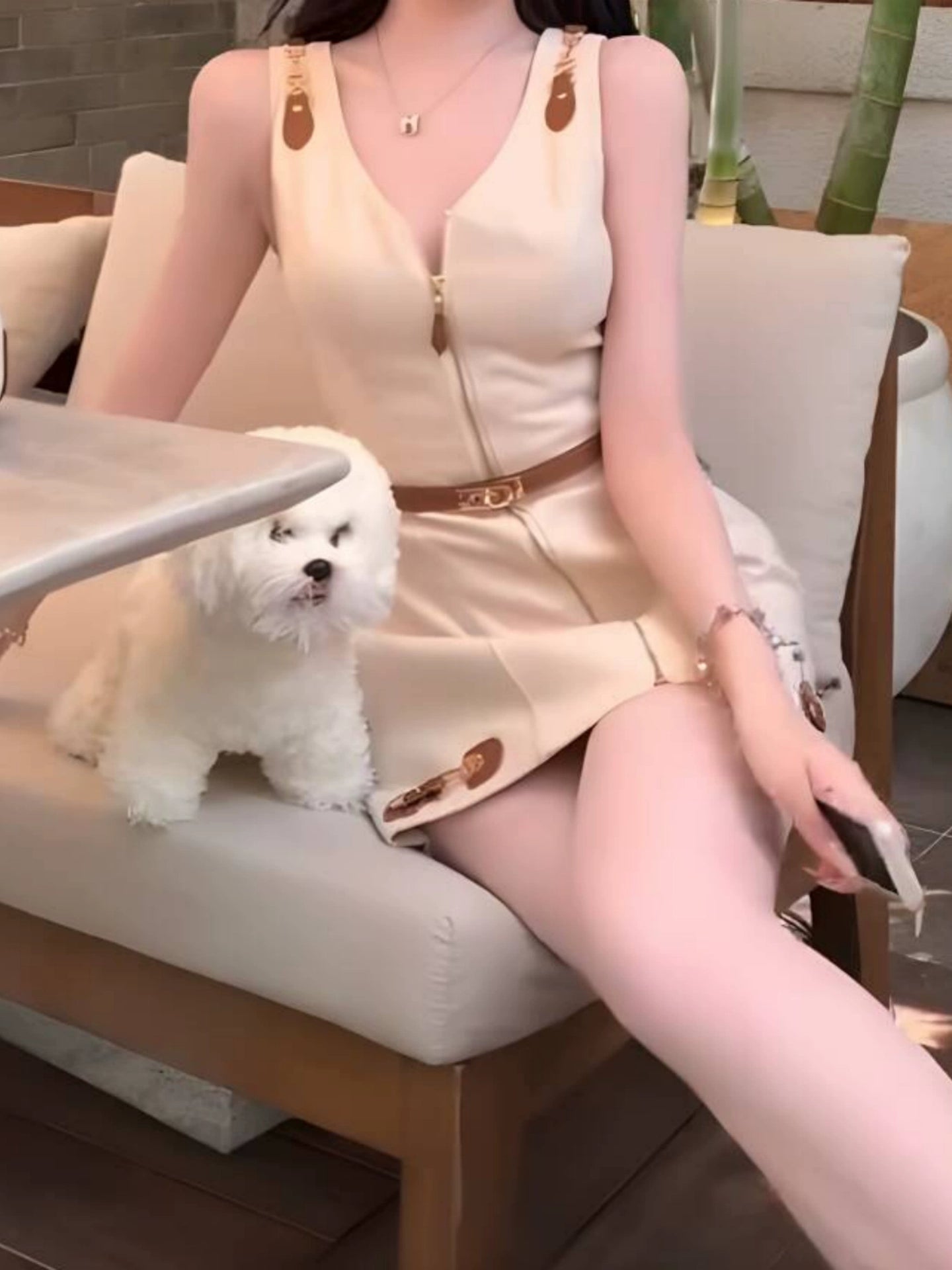 Cream Gold Zip Dress