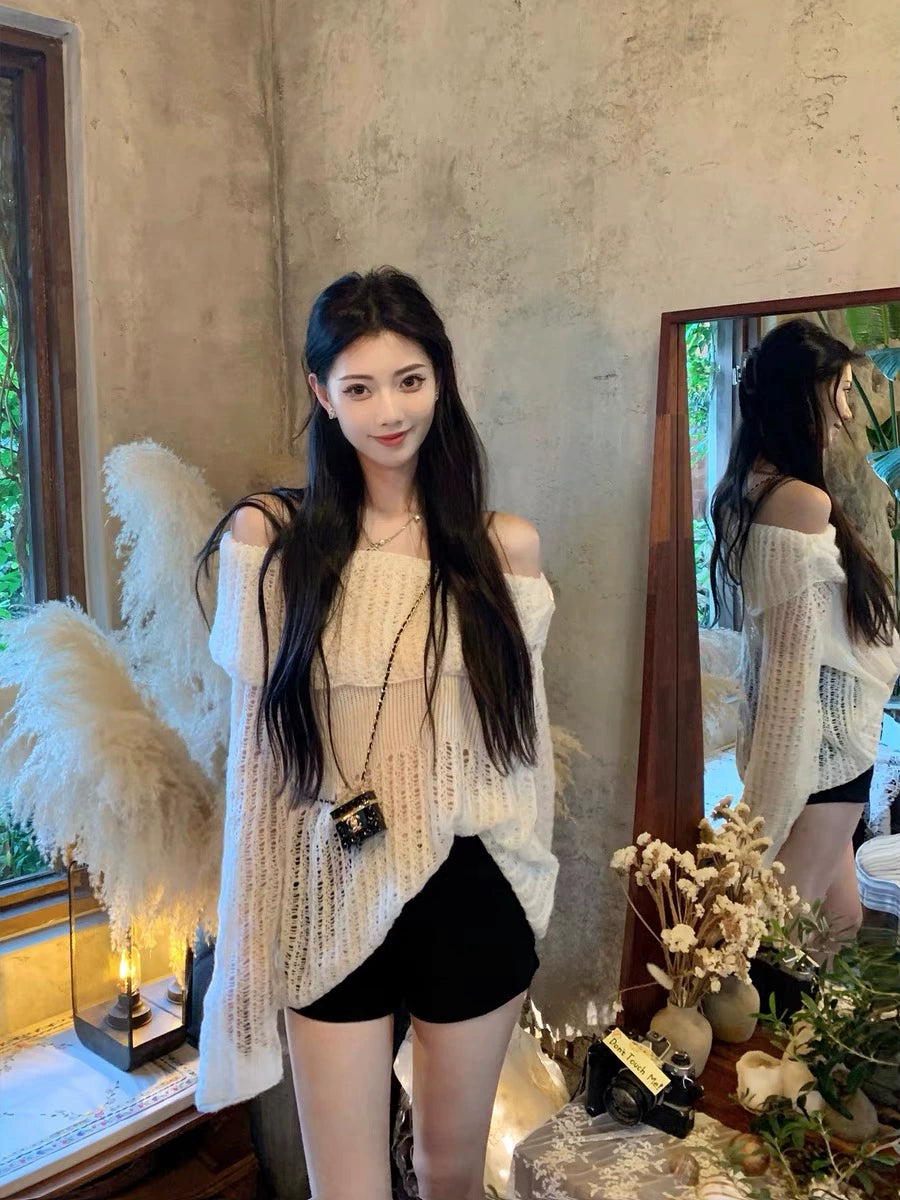 White openwork one-shoulder sweater women's spring and autumn Korean version loose wear slouchy style long-sleeved pullover sweater top